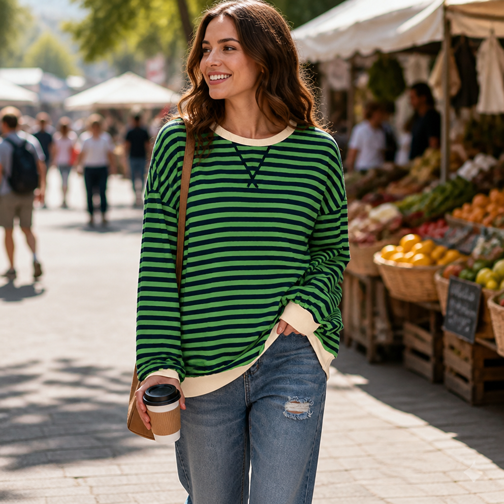 VeroLuxe™ – Relaxed Striped Crewneck Sweatshirt with Contrast Trim