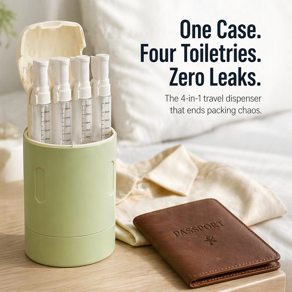 VoyaPack™ — Pack, Lock & Dispense All Four Toiletries From One Case