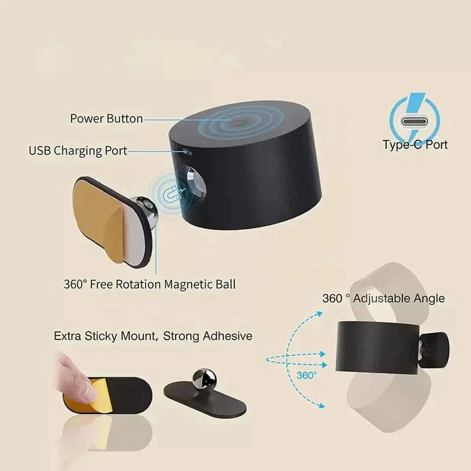 Wireless Wall Lamp with 360-Degree Rotation, USB Rechargeable, 3 Brightness Settings