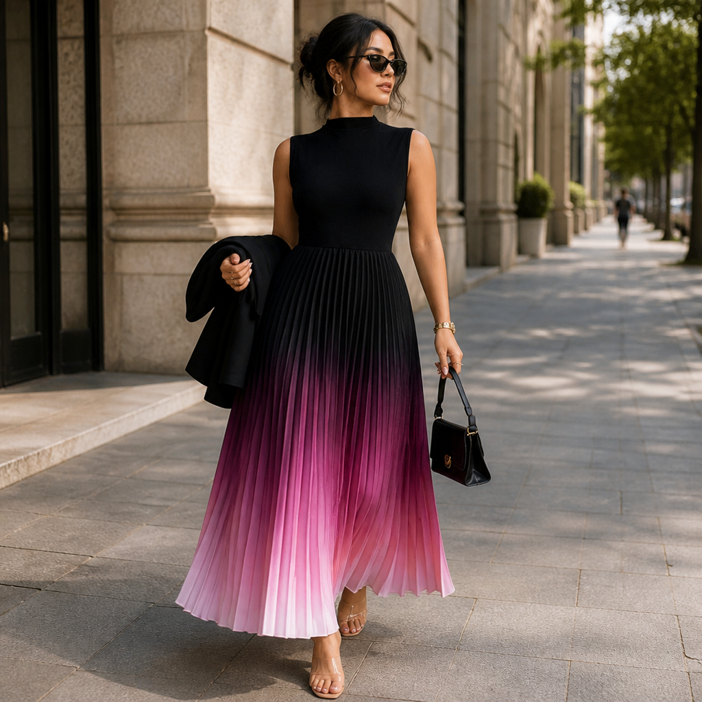 LioraMist™ – Sleeveless Ombre Pleated Maxi Dress with Hidden Pockets