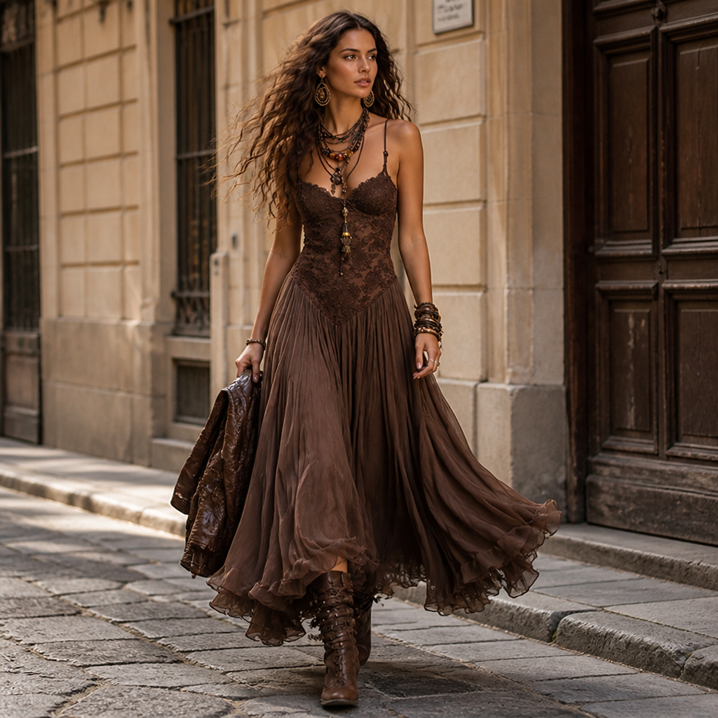 LunariaSilk™ – Romantic Lace Bodice Chiffon Maxi Dress with Ruffled Hem