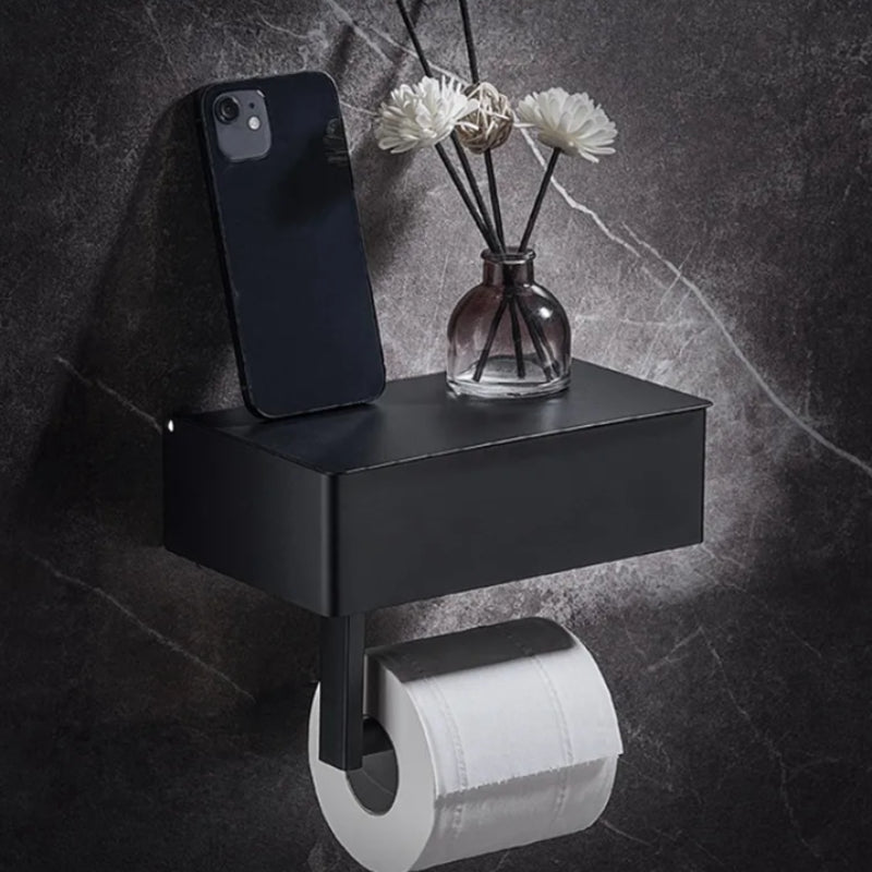 Toilet Roll Holder | Wall-Mounted with Shelf | Drill-Free Installation with Box | Rolluxe