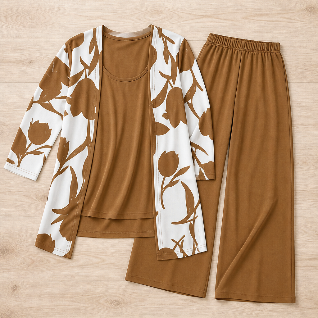 AuraLuxe™ – Elegant Floral Cardigan & Wide-Leg Pant 3-Piece Set