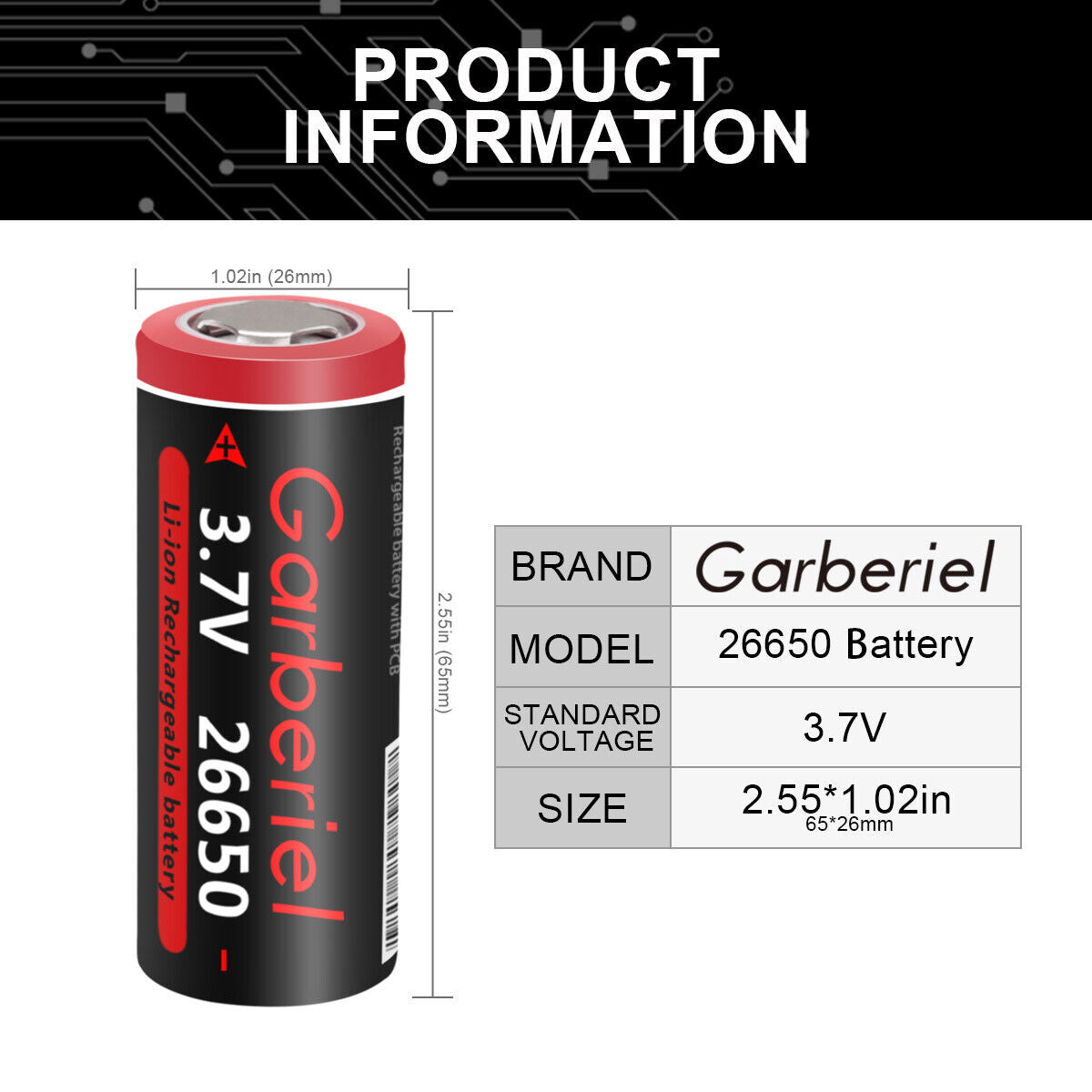 2-Pack 3.7V Rechargeable Flat Top Lithium-ion Batteries 26650