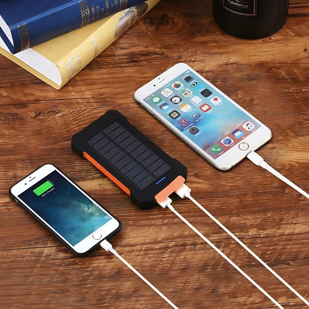 Dual USB Solar Charging Bank with 20,000mAh Capacity and LED Light