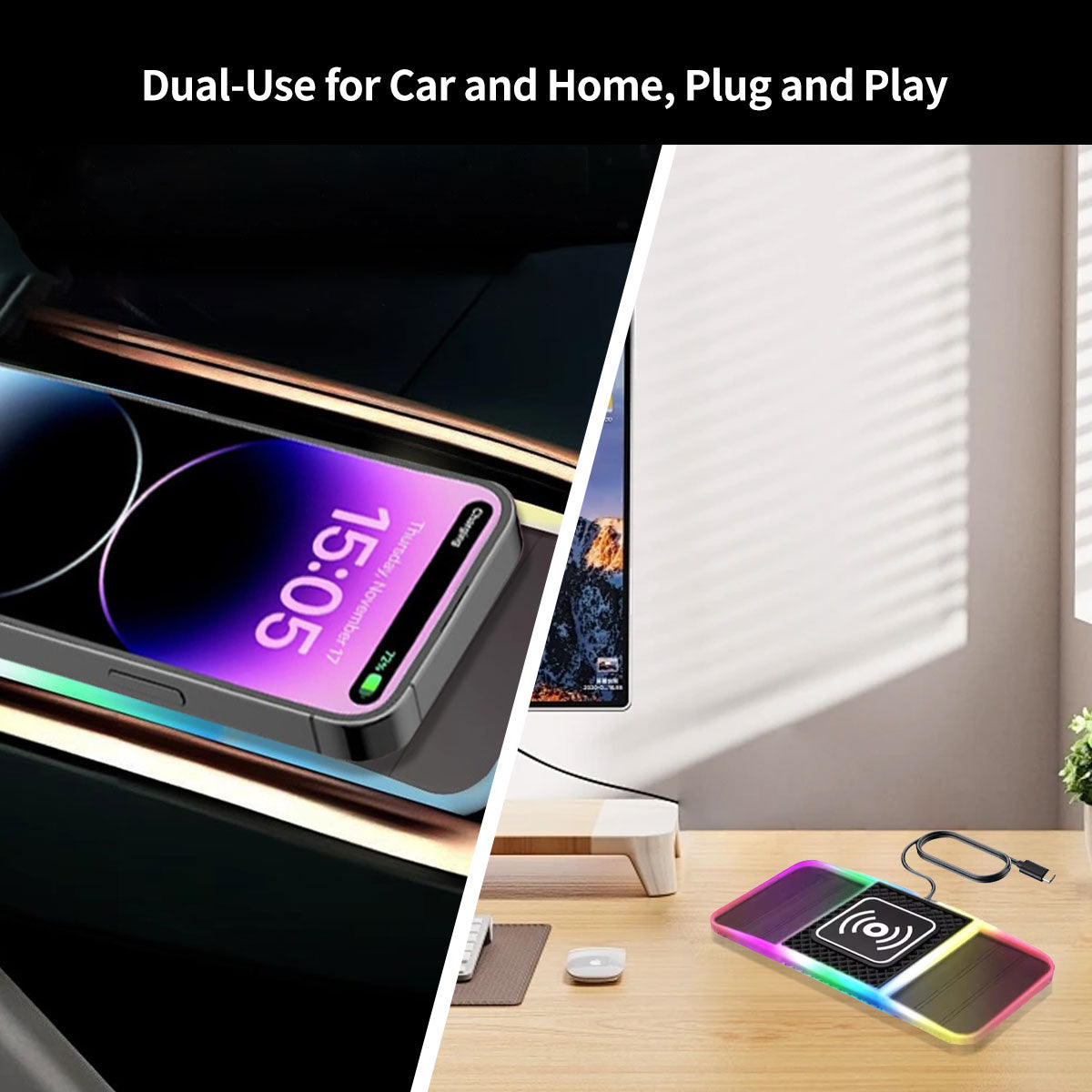 Wireless Car Charger with Dual Slots and Ambient Lighting - 20W