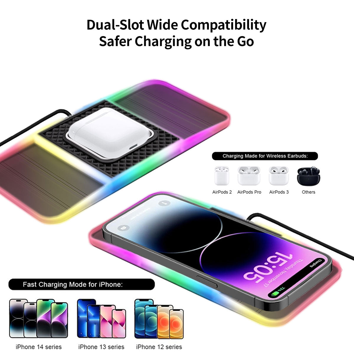 Wireless Car Charger with Dual Slots and Ambient Lighting - 20W