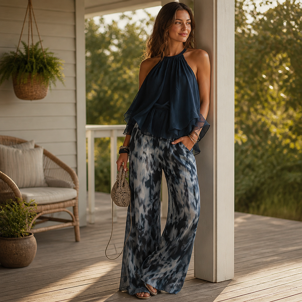 SolaraBreeze™ – Flowy Halter Ruffle Top & Wide-Leg Tie-Dye Pants Set