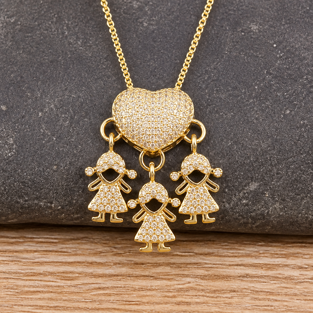 CelestaRay™ – Pavé Heart Family Necklace with Customizable Kid Charms