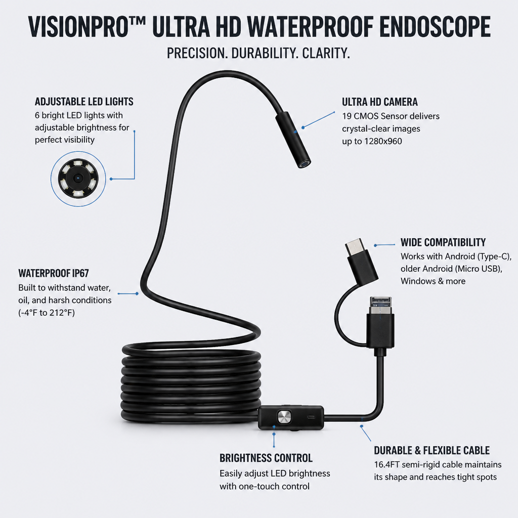 VisionPro™ Ultra HD Waterproof Endoscope — Spot Every Hidden Flaw with Rock-Solid Clarity and Durability
