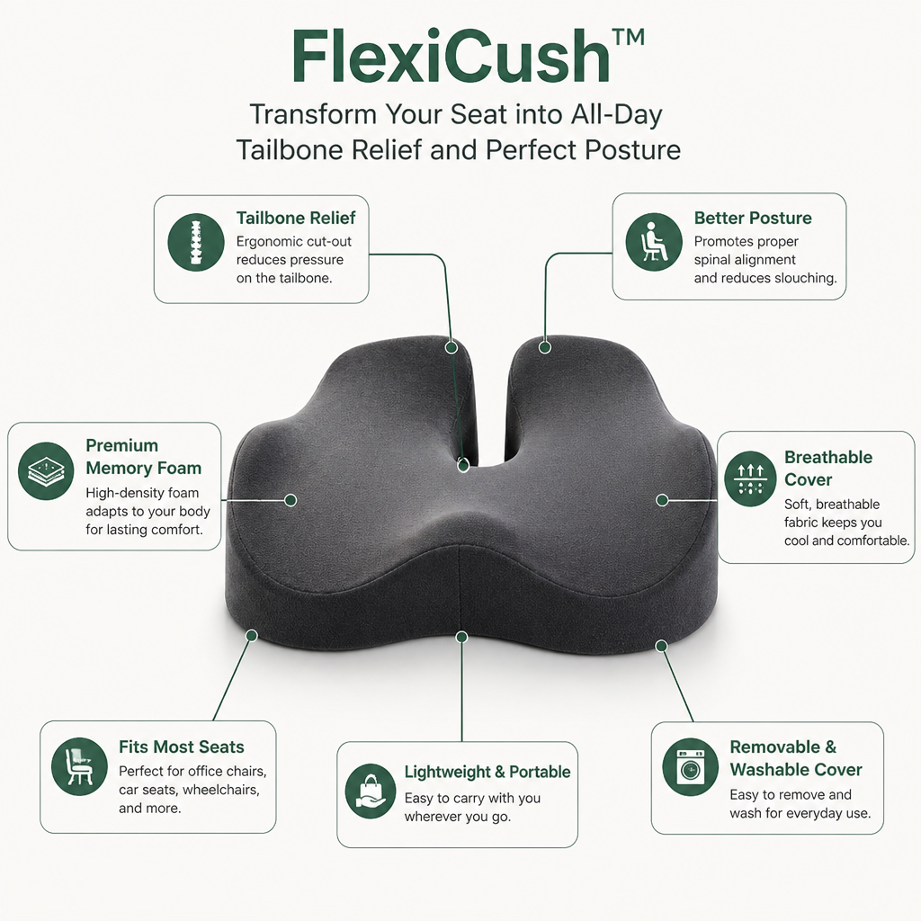 FlexiCush™ — Transform Your Seat into All-Day Tailbone Relief and Perfect Posture