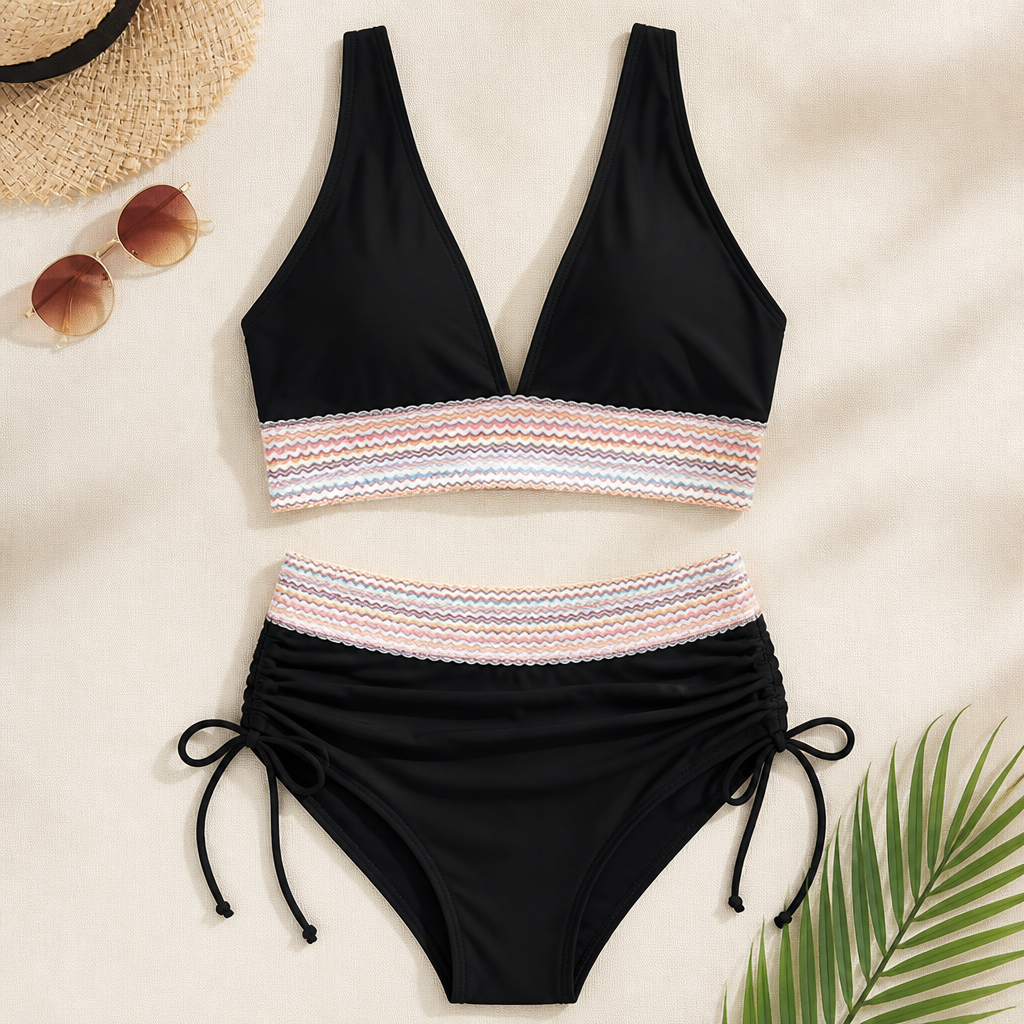 CurveCraft™ – High-Waist Tummy-Smoothing Bikini Set with Ruched Drawstring Bottom