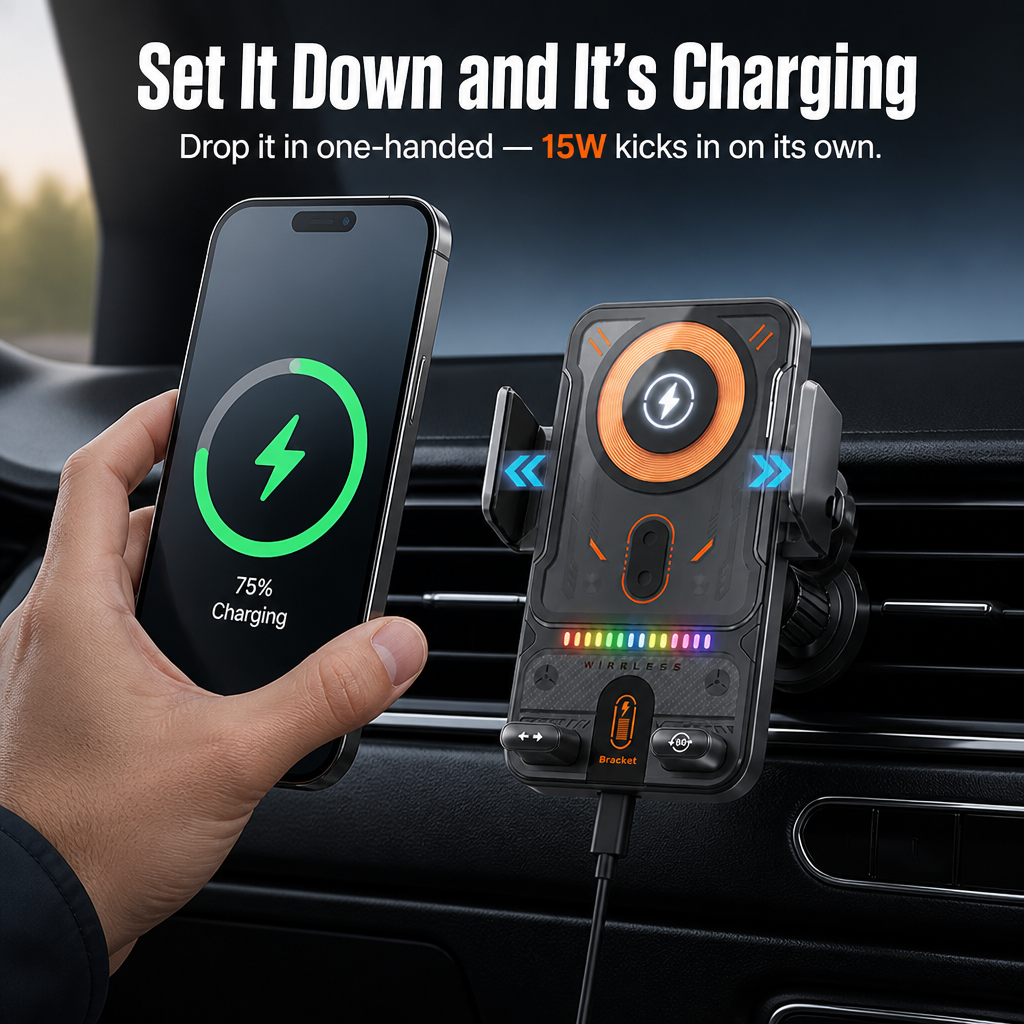 ChargeCruze™ — Grip, Charge & Drive Hands-Free with 15W Auto-Clamp Power