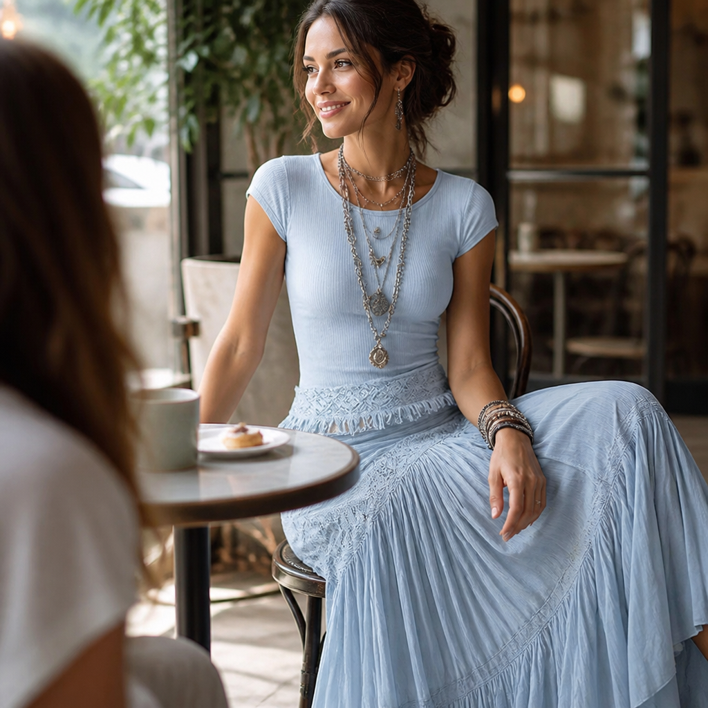 LumaSeren™ – Boho Two-Piece Set with Lace-Panel Tiered Maxi Skirt