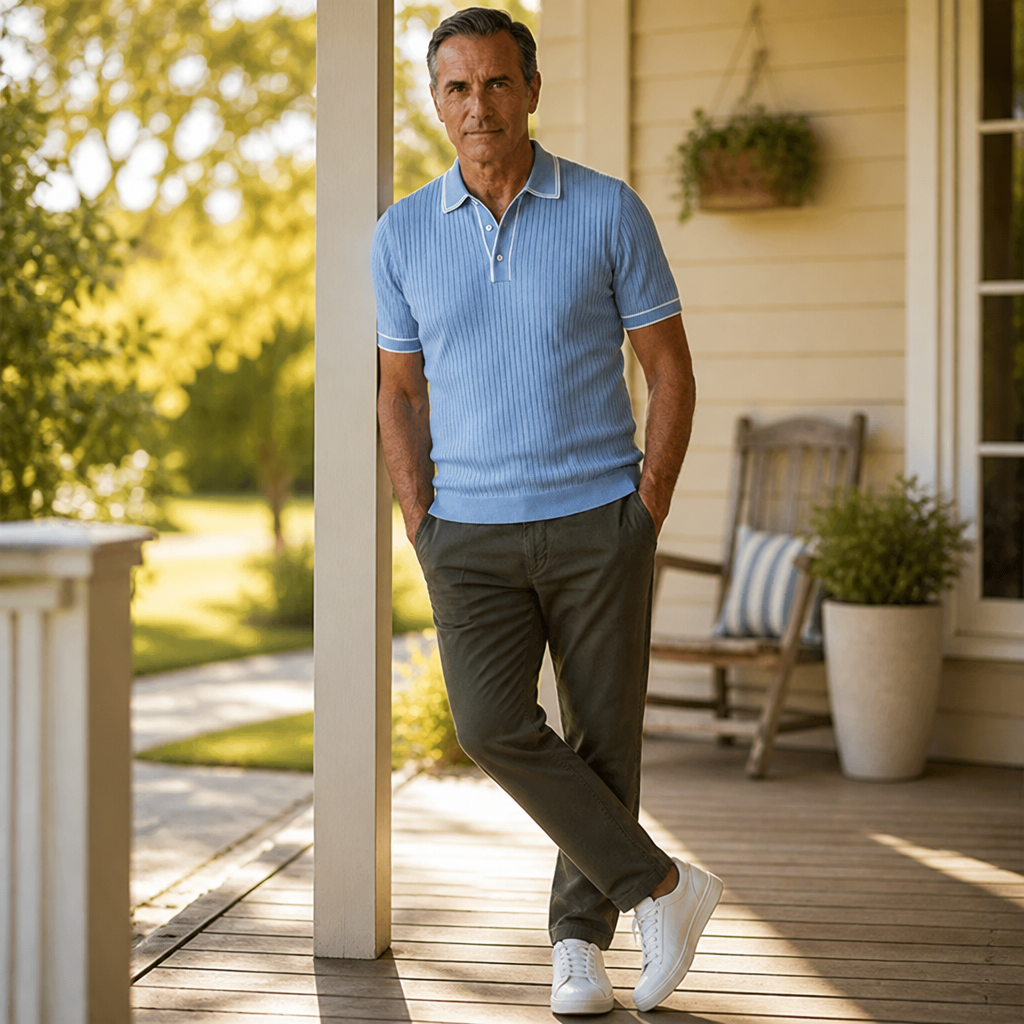 VeroStride™ – Retro Ribbed-Knit Polo with Contrast Tipped Collar