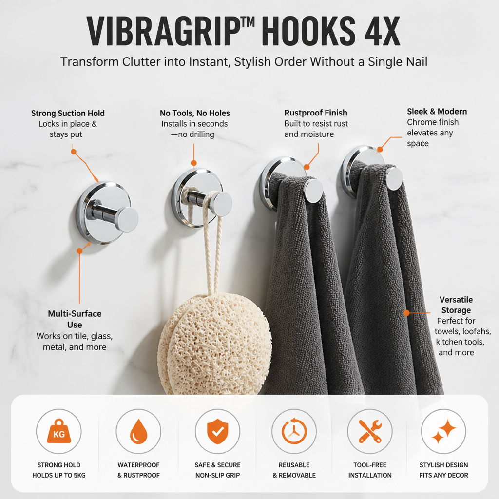 VibraGrip™ Hooks 4X — Transform Clutter into Instant, Stylish Order Without a Single Nail