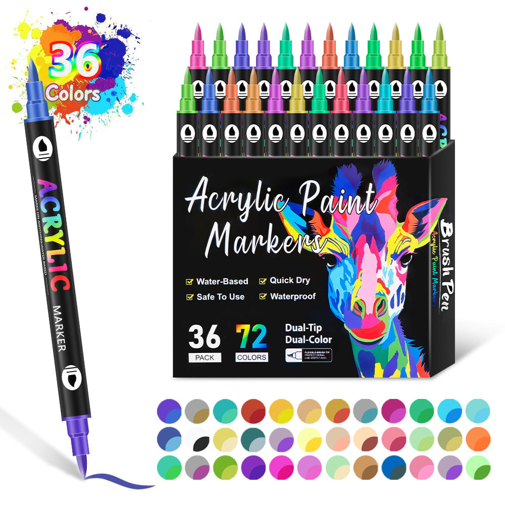 Acrylic Marker Set with 36 Double-Sided Markers – 72 Colors, Fine and Broad Tips, Quick-Drying and Smudge-Resistant