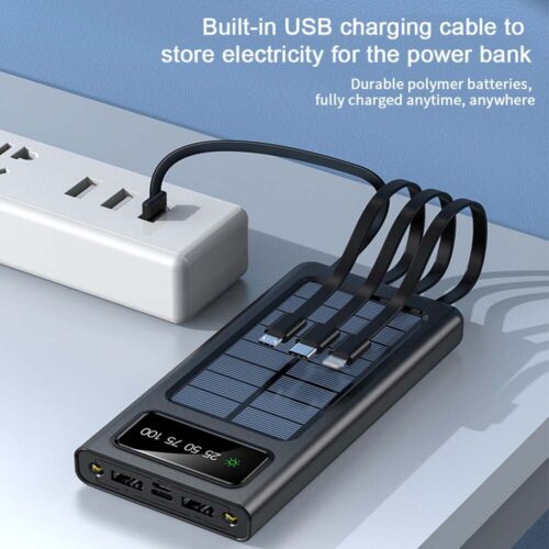 Solar Charger 30000mAh with 4 USB Ports and Integrated Cables