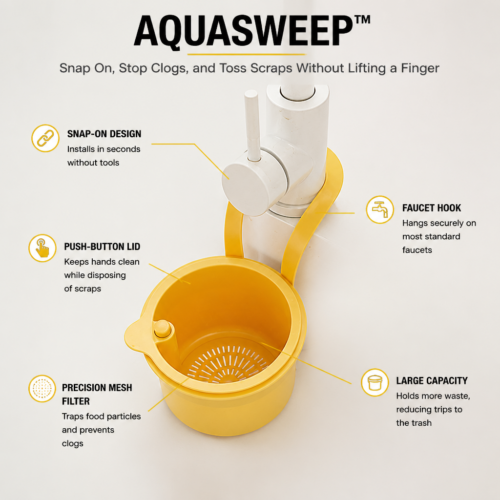 AquaSweep™ — Snap On, Stop Clogs, and Toss Scraps Without Lifting a Finger