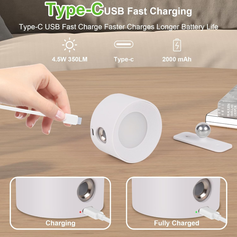Rechargeable LED Wall Lamp with 360° Rotatable Head – Touch Sensor, Wire-Free Installation