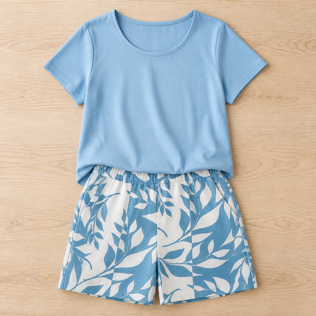 BellaLuxe™ – Breezy Botanical-Print Tee & Shorts Two-Piece Set