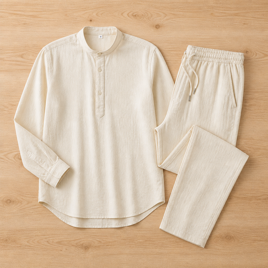 BreezyLife™ – Breathable Cotton-Blend Summer Shirt & Drawstring Pants Set