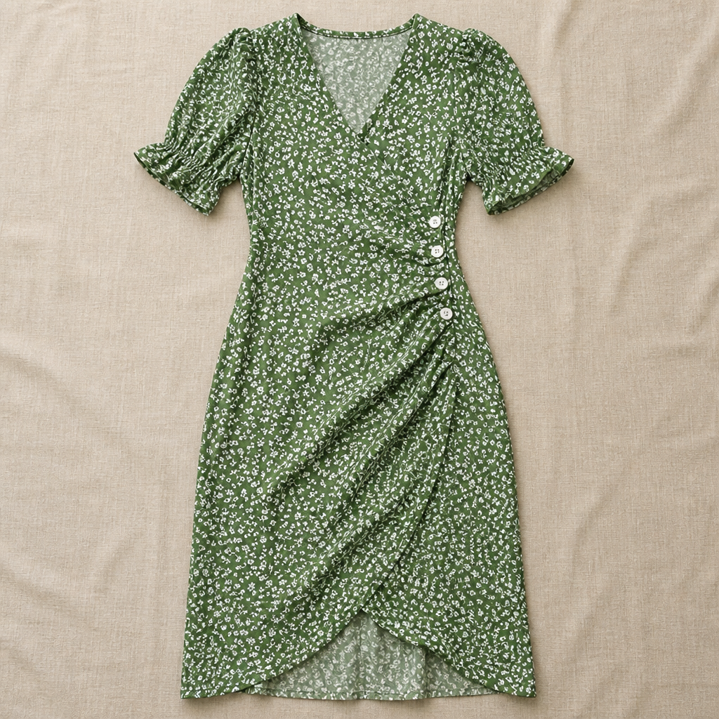 SeraphineAura™ – Ditsy Floral Wrap Midi Dress with Ruched Tulip Hem