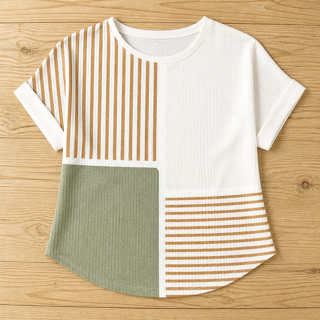 RadianceStripe™ – Relaxed Color-Block Tee with Striped Waffle Texture