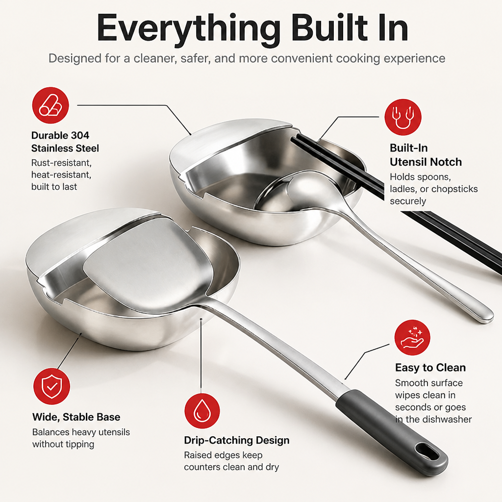 ArisPlate™ Stainless Spoon Rest — Keep Every Counter Spotless and Stress-Free While You Cook
