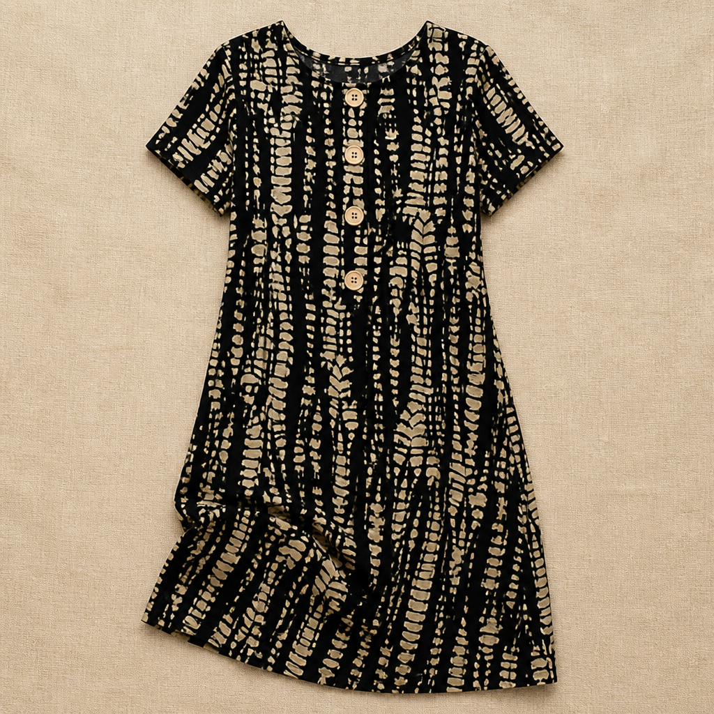 VelaMuse™ – Relaxed Button-Front Abstract Print Swing Dress with Pockets