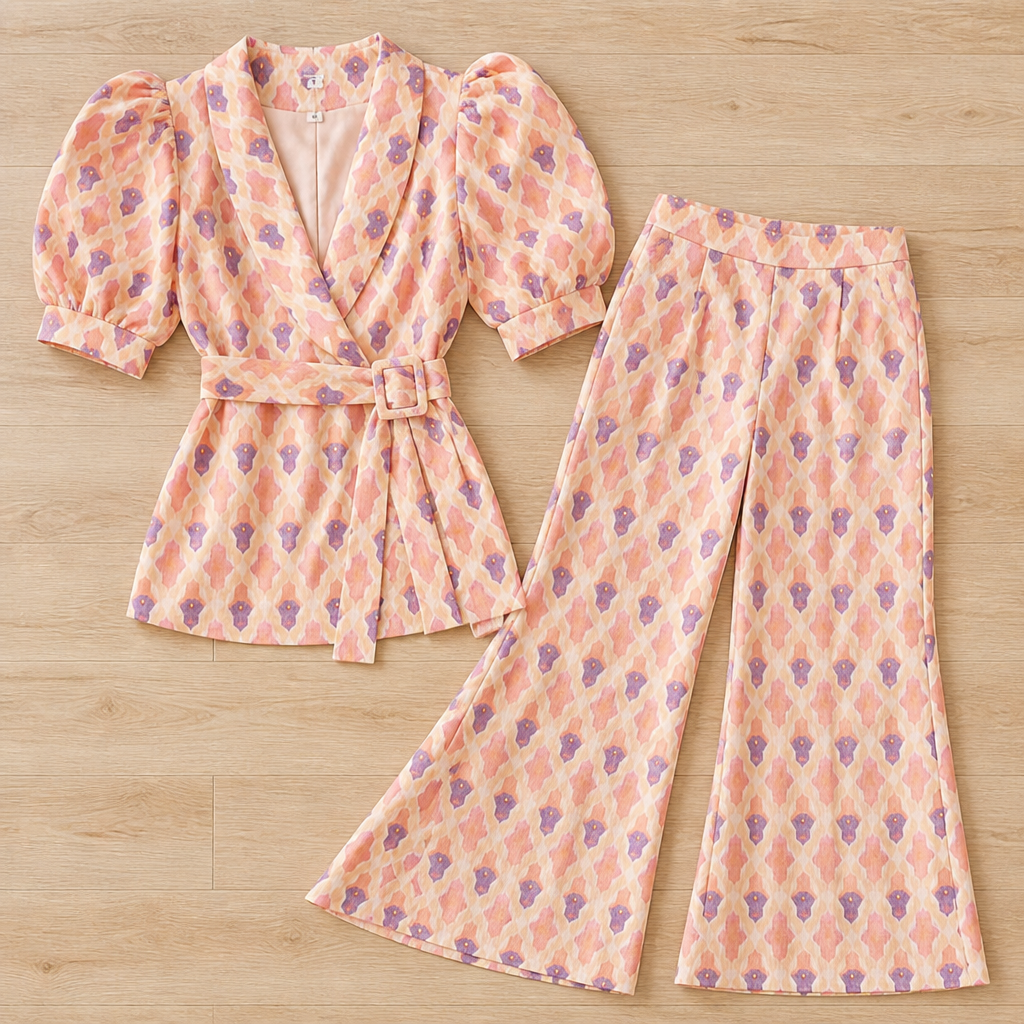 Virelli™ – Retro Printed Wrap Top & Flared Pant Set with Tie Belt