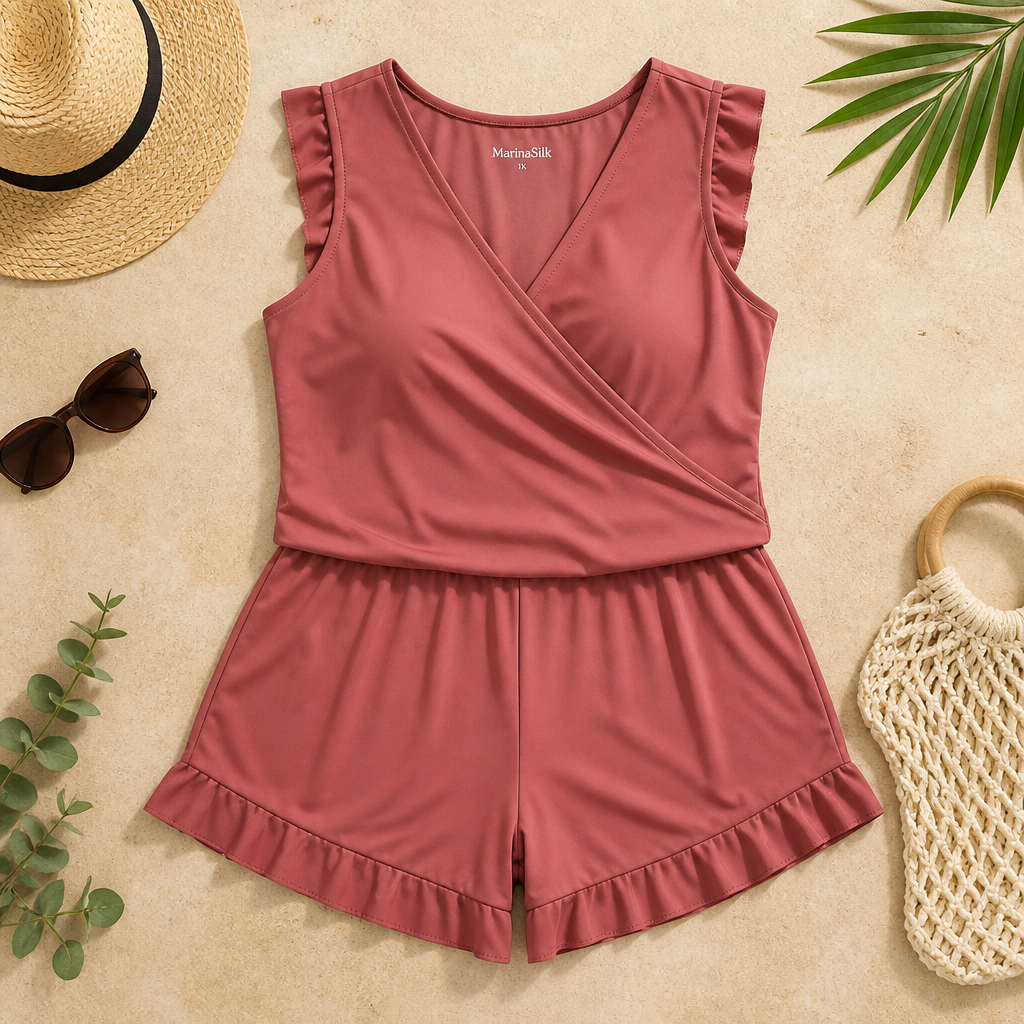 MarinaSilk™ – Ruffle Wrap-Front Nursing Swim Romper with Built-In Support
