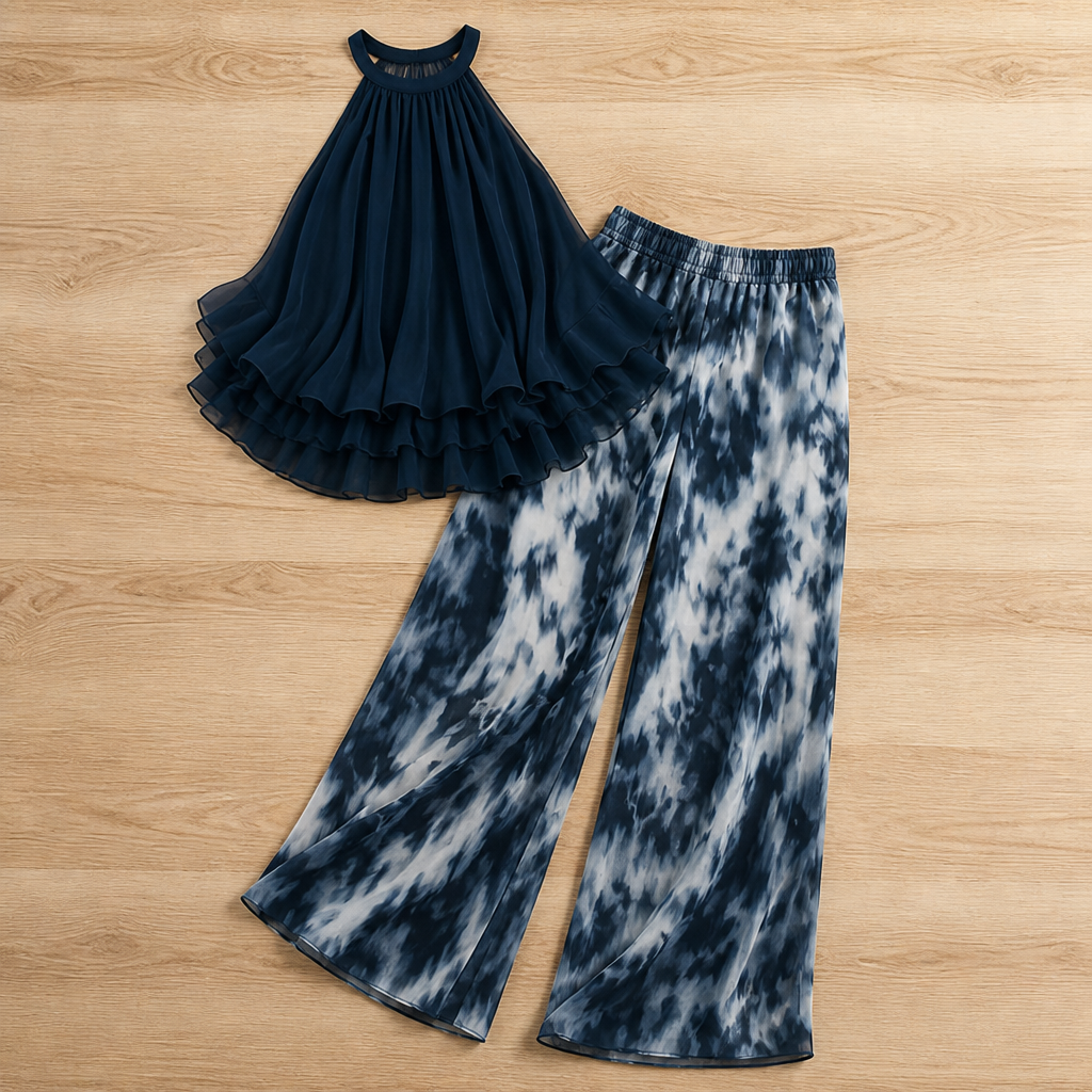 SolaraBreeze™ – Flowy Halter Ruffle Top & Wide-Leg Tie-Dye Pants Set