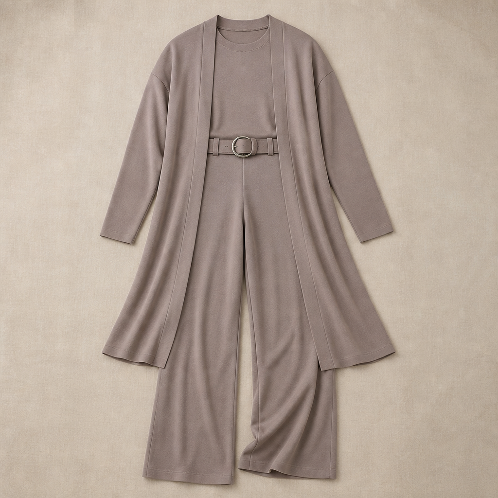 elegant 3-piece set featuring long cardigan, top, and pants 3