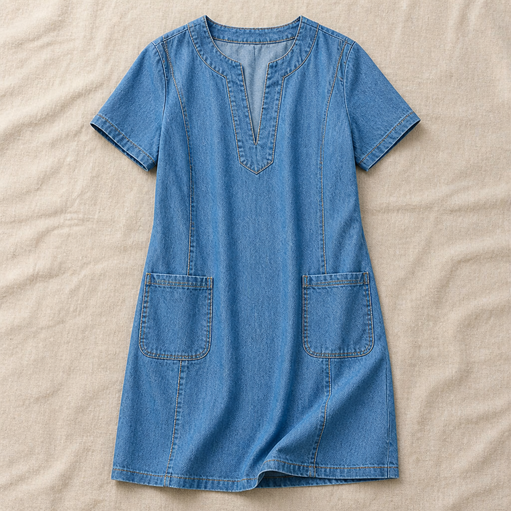 VarelaChic™ – Relaxed V-Neck Denim Shift Dress with Pockets