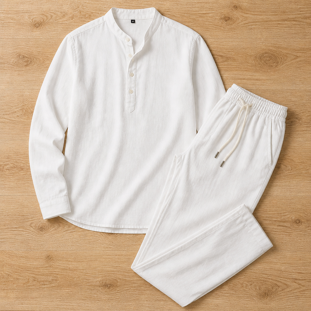 BreezyLife™ – Breathable Cotton-Blend Summer Shirt & Drawstring Pants Set