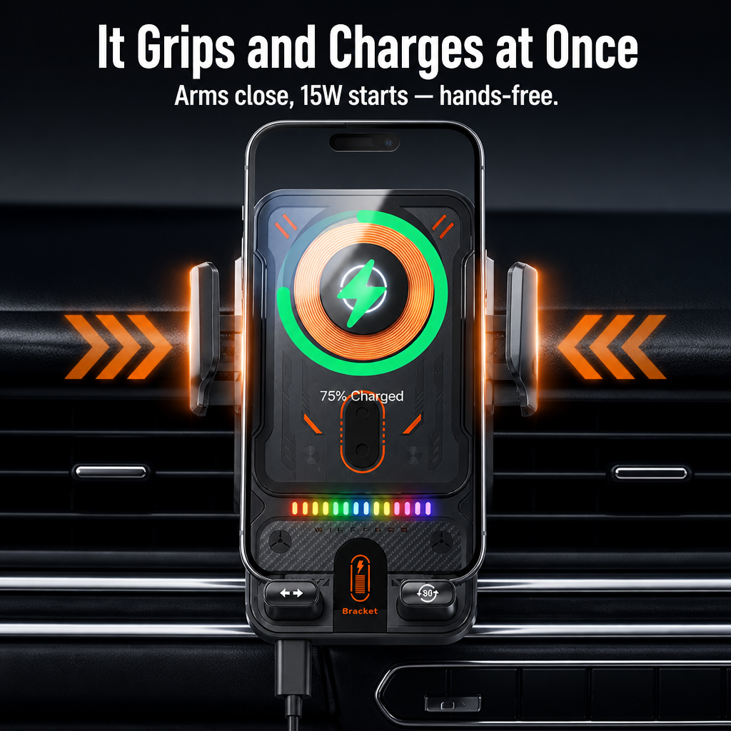 ChargeCruze™ — Grip, Charge & Drive Hands-Free with 15W Auto-Clamp Power