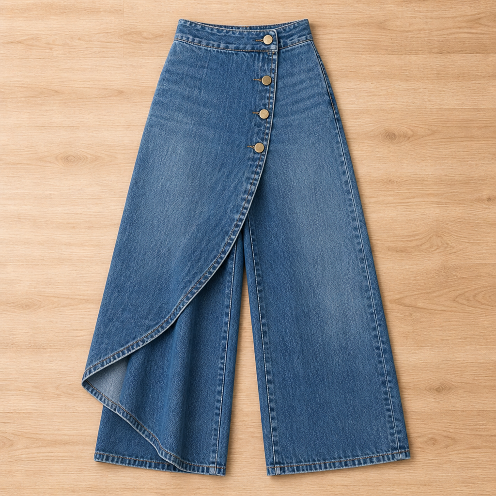 LumaCurve™ – Elegant Wide-Leg Jeans with Asymmetric Wrap-Front Overlay