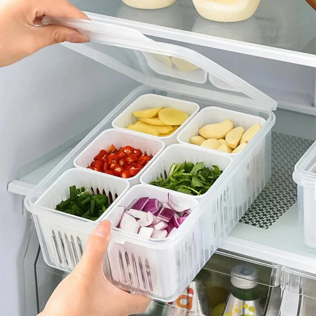Refrigerator Storage Container | Moisture-Resistant Drain Insert | Stackable Tray | CoolClear