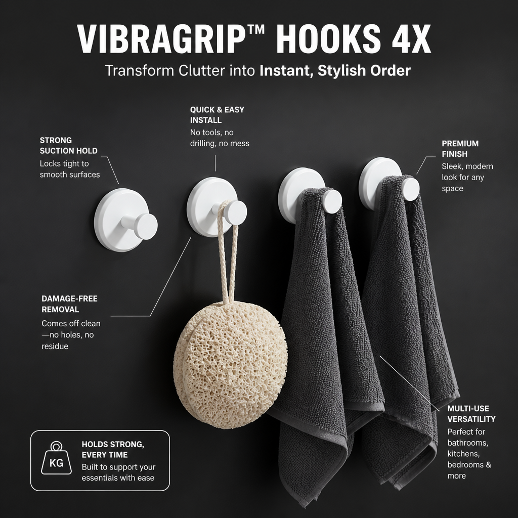 VibraGrip™ Hooks 4X — Transform Clutter into Instant, Stylish Order Without a Single Nail