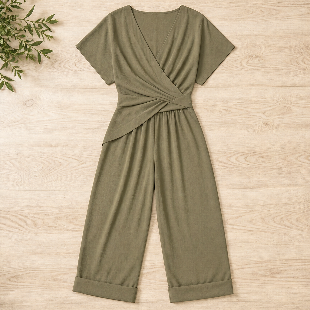 SolaraLuxe™ – Wrap-Front Wide-Leg Jumpsuit with Twist Waist