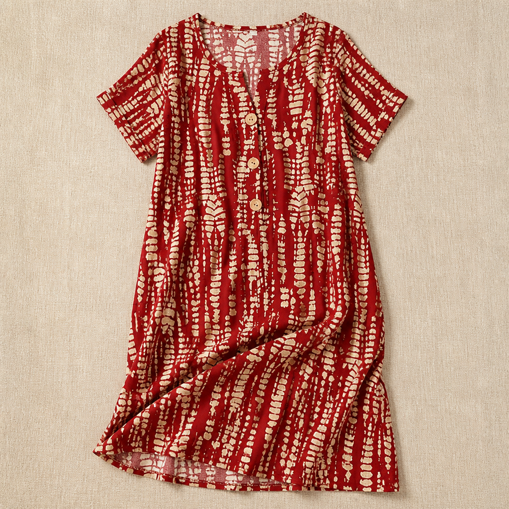VelaMuse™ – Relaxed Button-Front Abstract Print Swing Dress with Pockets