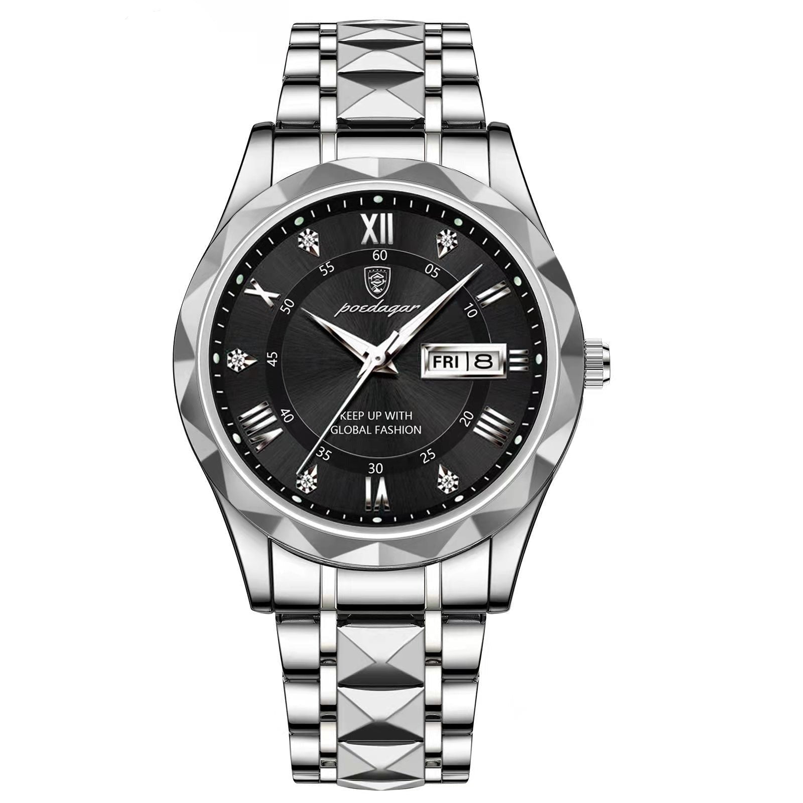 Stylish Steel Timepiece Featuring Blue Face and Roman Digits