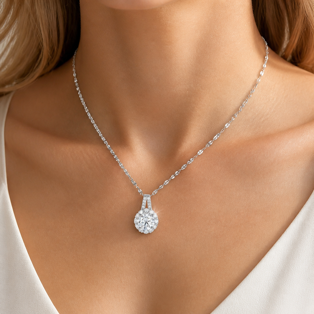 LumaRay™ – Brilliant-Cut Floral Halo Pendant Necklace in Sterling Silver