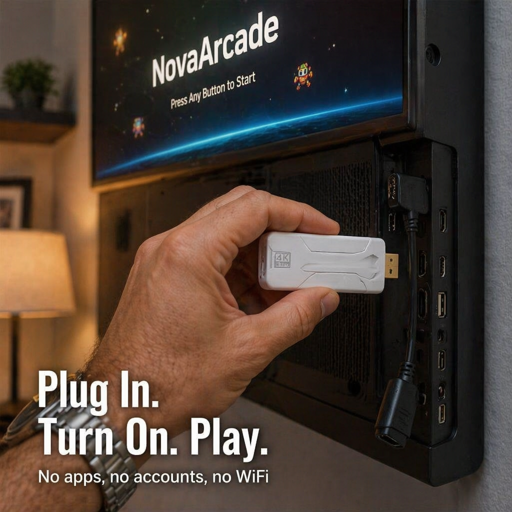 NovaArcade™ — Plug In, Pair Up, and Battle Through Thousands of Retro Classics