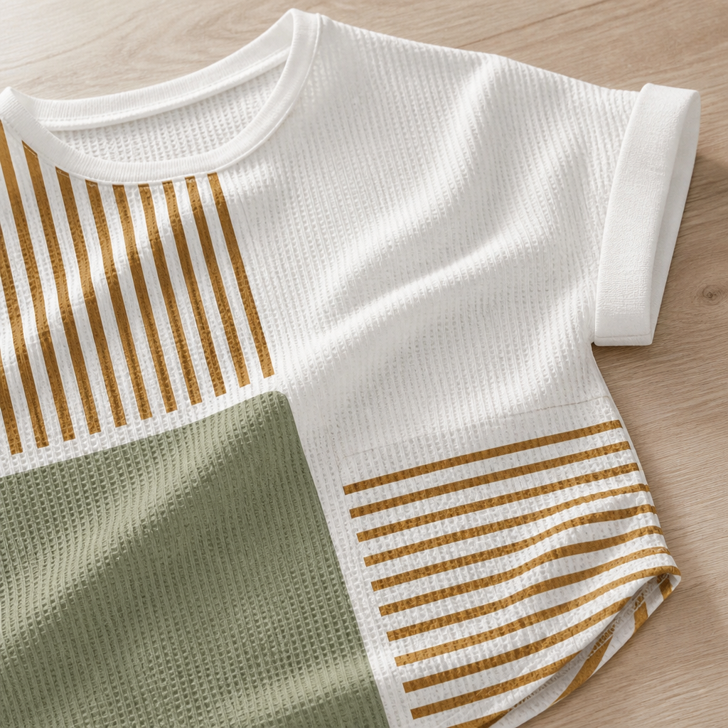 RadianceStripe™ – Relaxed Color-Block Tee with Striped Waffle Texture