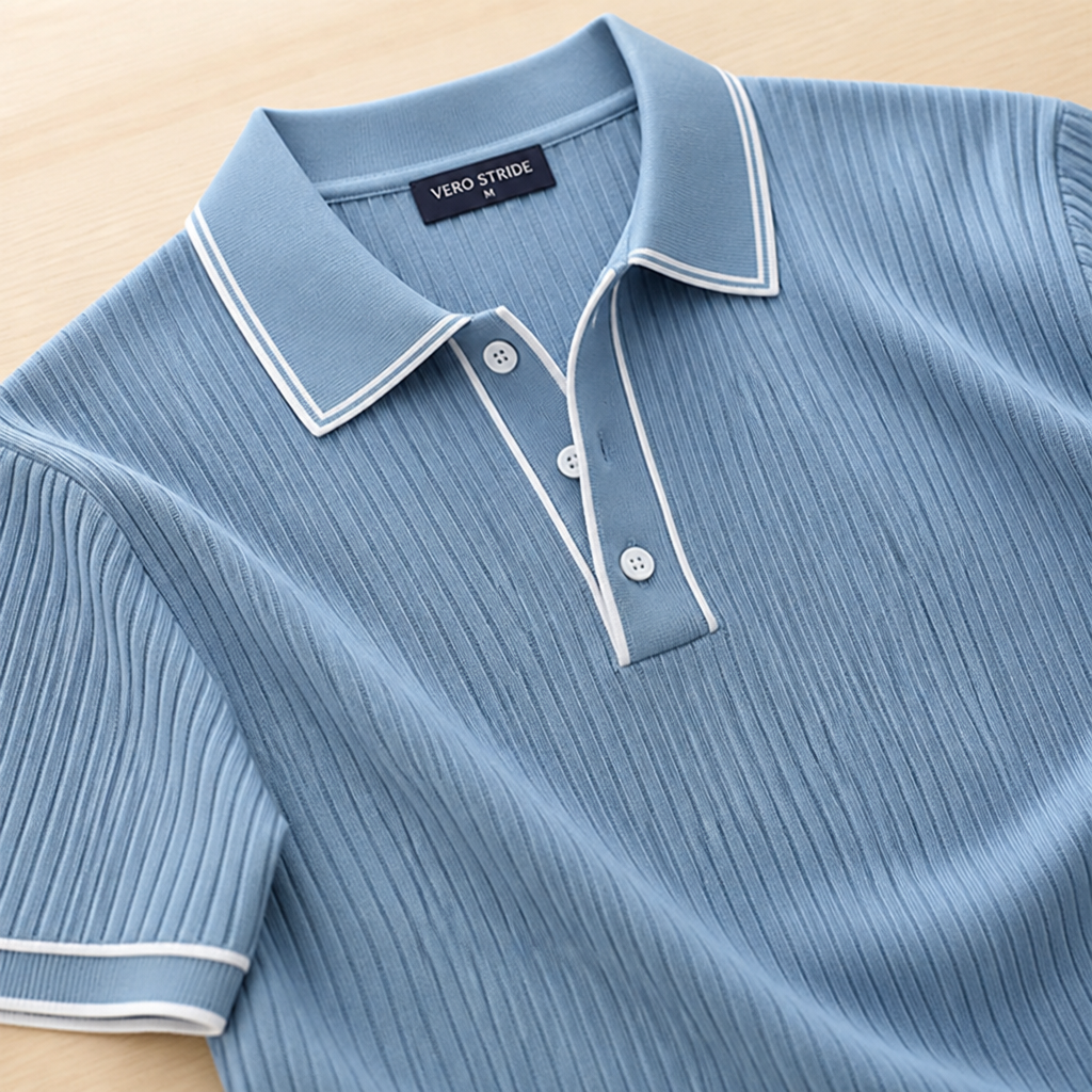 VeroStride™ – Retro Ribbed-Knit Polo with Contrast Tipped Collar