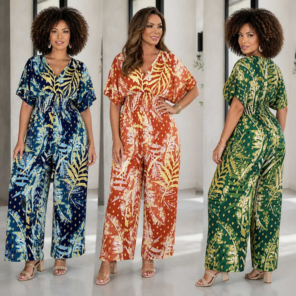 SolaraSilk™ Plus Size Leaf Print Bodysuit — Embrace Every Curve with Breathable, All-Day Confidence