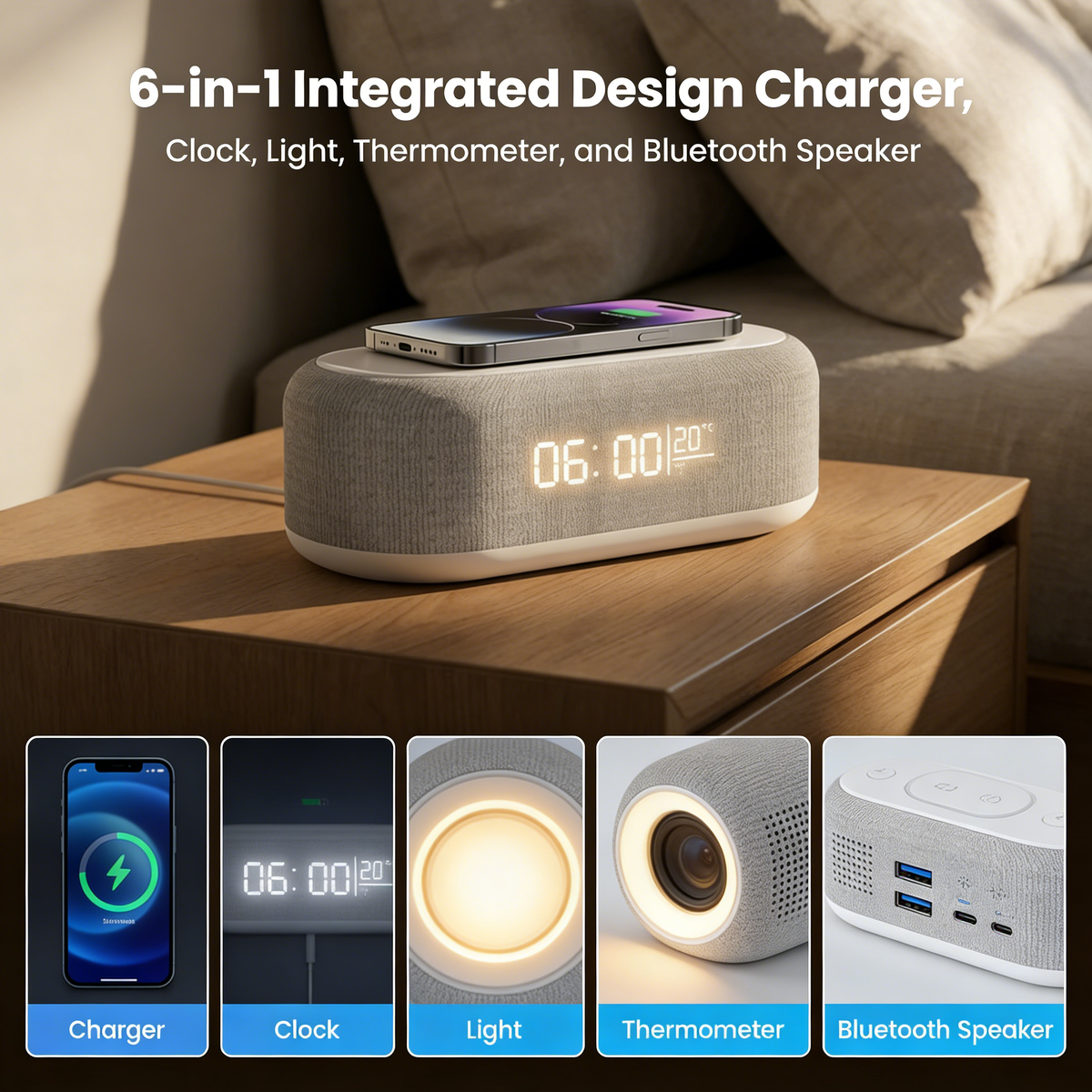 6-in-1 Night Device with Wireless Charging Function
