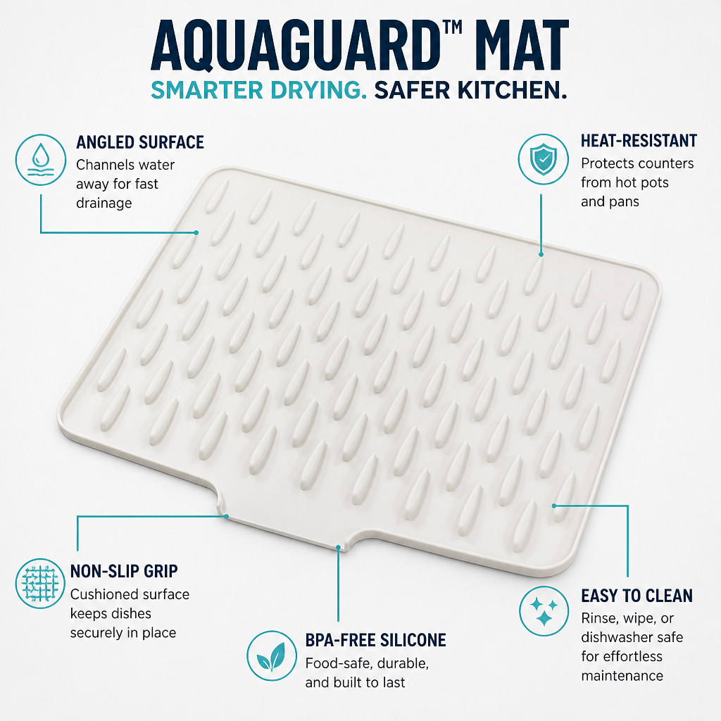 AquaGuard™ Mat — End Kitchen Chaos with Dry Counters and Safer Dishes Every Time